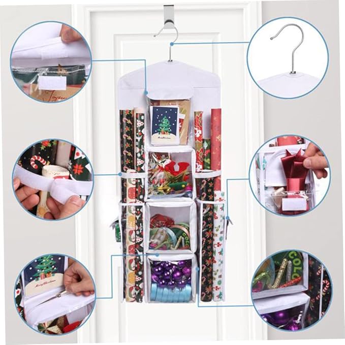 Christmas Wrapping Paper Organizer Large Capacity Wall Hanging Double-Sided Transparent with 10 Pockets Space-Saving Rear Door Gift Storage Bag with Zipper Home Decor 37.40x5.51 Inch.