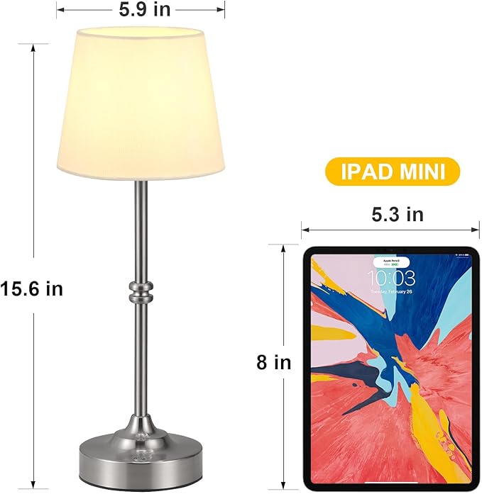 Kakanuo Rechargeable Cordless Table Lamp Silver - 1 Pack 4000mAh Battery Operated Lamp, Touch Control Stepless Dimming, for Home Decor, Dining Table, Living Room, Bedroom
