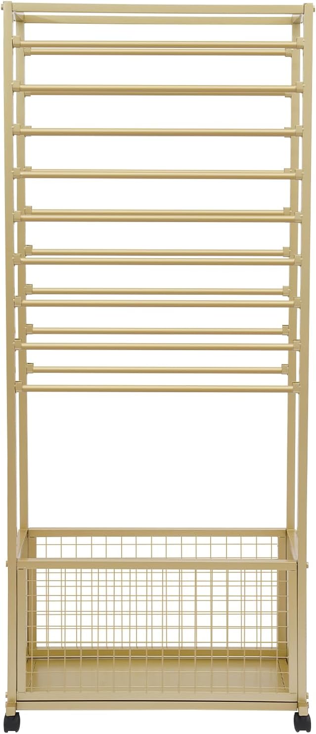 Mobile Ribbon Holder Double-Sided Ribbon Organizer Rack with 20 Hanging Rods Multifunctional Flower Wrapping Paper Storage Stand with Lockable Wheels Wrapping Paper Rack (26.38*12.6*66.93in, Gold)