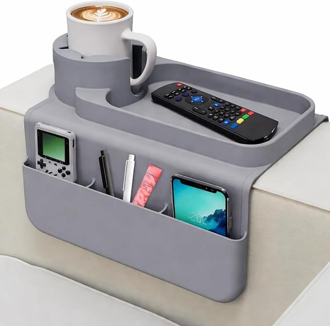 Silicone Couch Cup Holder Tray, 3-Side Sofa Armrest Organizer with Secure Gear-Shaped Locking Holder & Large Tablet Slot, Non-Slip Weighted Armchair Caddy, Couch Accessories (Grey)