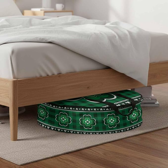 St Patricks Round Storage Bag 24 Inch, Day Vintage Shamrock Texture Green Plaid Clothes Storage Container with Handles Heavy Duty Organizer for Comforter, Bedding & Holiday Wreaths