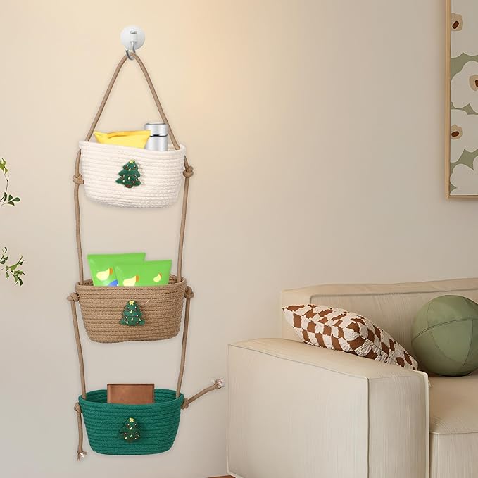 Alipis Wall Hanging Storage Basket Multi-tiered Cotton Rope Organizer for Flowers Sundries and Home Decor Versatile Woven Basket for Living Room Kitchen and Bathroom Storage