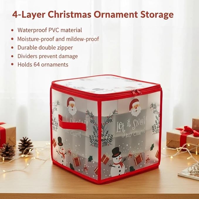 Christmas Ornament Storage Box, Christmas Tree Ornament Organizer, Hard Plastic Storage Container with Dividers, Clear Design Waterproof Case for 3" Seasons Balls (Red)