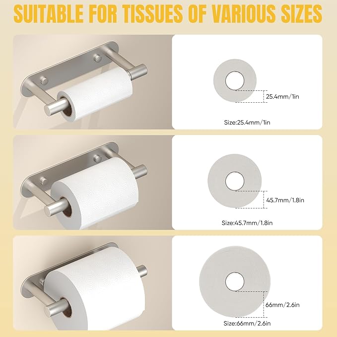 BESy Adhesive or Screw Toilet Paper Holder Wall Mount Rustproof Modern Roll Holder Flexible Pivoting Adjustable Tissue Handle with Self Adhesive or Mounted with Screws Stainless Steel Brushed Nickel
