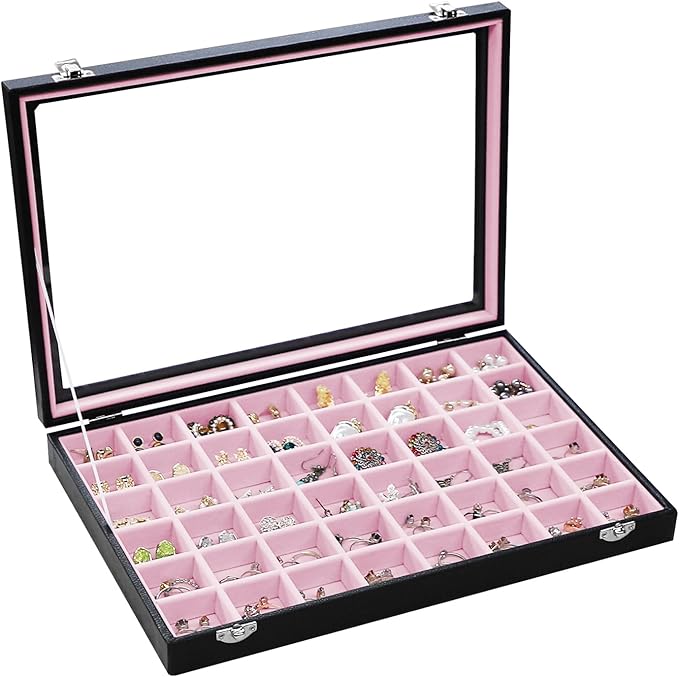 Stratalife Jewelry Organizer 48 Grid Jewelry Tray with Clear Lid Dust-proof Velvet Earring Organizer Necklace Rings Holder Display Drawer Storage Case for Women Pink Black
