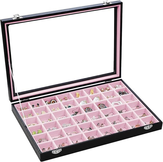 Stratalife Jewelry Organizer 48 Grid Jewelry Tray with Clear Lid Dust-proof Velvet Earring Organizer Necklace Rings Holder Display Drawer Storage Case for Women Pink Black