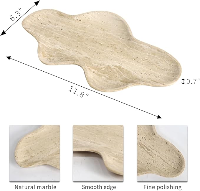 Handcrafted Travertine Decorative Tray, Cloud Shaped Tray for Vanity, Unique Trinket Dish for Jewelry Ring Necklace, Natural Stone Key Tray for Entrance Living Room Vanity (Beige 11.8" x 6.3")