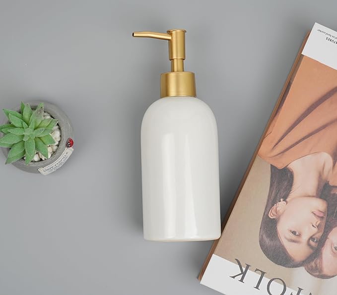2Pack Ceramic Soap Dispenser White with Gold Pump,Simple Design Cylindrical Lotion Dispenser Bottle,Refillable Liquid Hand Soap Dispenser for Kitchen,Bathroom,Washroom