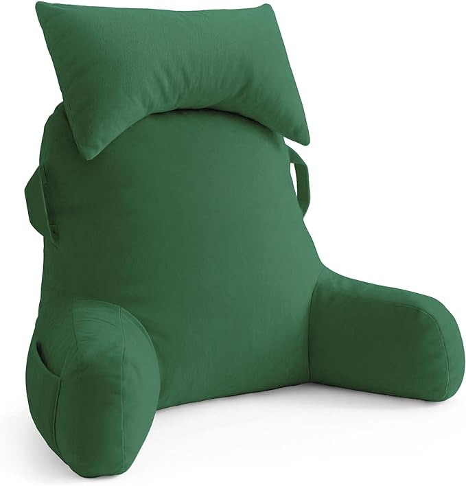 Unisakey Portable Reading Pillows with Headrest for Bed Sitting Up(Green Oeko-Tex), Velvet Back Pillow with Arms & Pockets for Adults, Support Memory Foam Bed Pillow for Dorm/Reading/Watching/Gaming