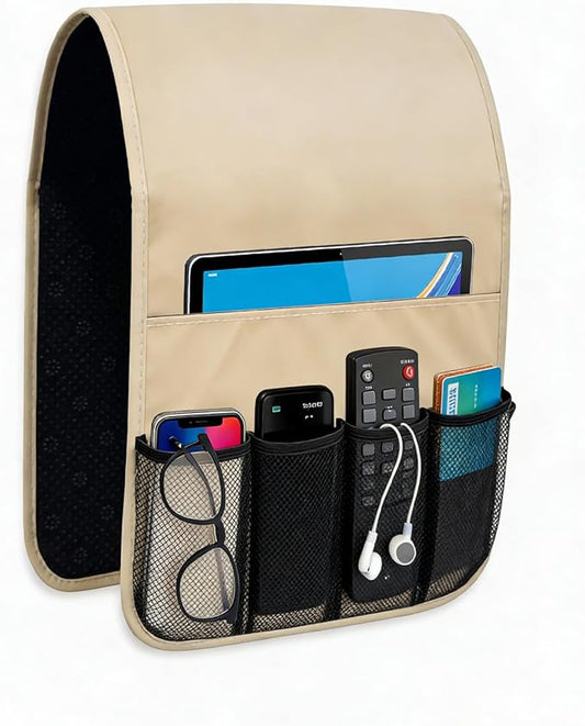 Armchair Caddy for Couch Remote Control Holder Recliner Armrest Organizer Non Slip Sofa Arm Chair Caddie with 6 Pocket Storage for Magazine, Tablet, Phone, iPad, Chocolate Leather white