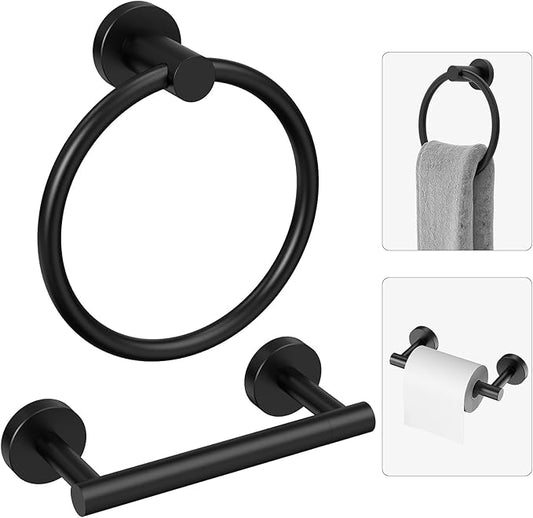 Matte Black Toilet Paper Holder Wall Mount & Towel Holder, Bathroom Hardware Set-SUS304 Stainless Steel Double Post Pivoting Tissue Roll Holder and Hand Towel Ring Set for Bathroom, RV