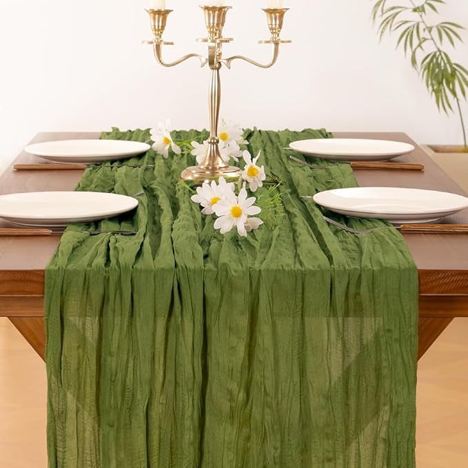 Socomi 6pcs Campsite Green Easter Spring Cheesecloth Table Runner Boho Rustic Gauze 120 inch 10FT Cheese Cloth Runner for Wedding Party Baby Shower Birthday Home Decor Holiday Decorations