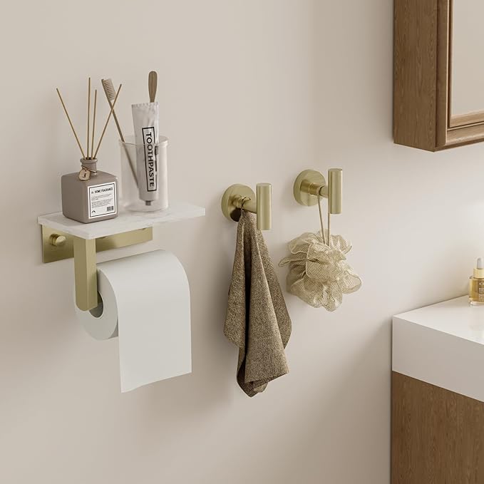 BWE Brushed Gold Toilet Paper Holder with Marble Shelf, Toilet Paper Roll Holder Wall Mounted, Toilet Paper Roll Holder with Phone Shelf 304 Stainless Steel Tissue Holder for Bathroom Washroom