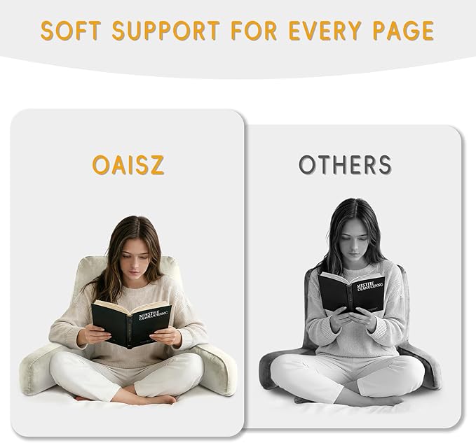 OAISZ Reading Pillow for Sitting in Bed Adult, Reading Pillow with Shredded Memory Foam, Bed Pillow with Washable Cover, Back Pillow Sitting Up with Extend Arms, Beige, X-Large