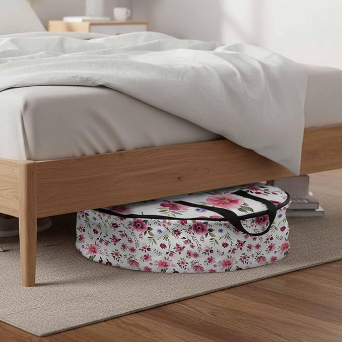 Spring Flowers Round Storage Bag 30 Inch, Pink Wildflowers Leaf Watercolor Floral Plants Clothes Storage Container with Handles Heavy Duty Organizer for Comforter, Bedding & Holiday Wreaths