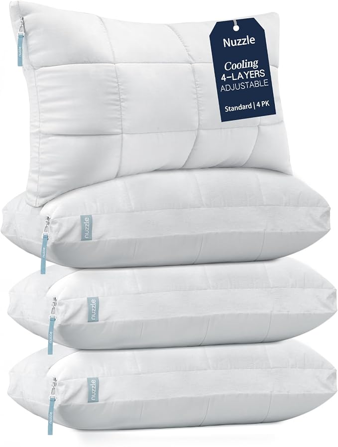Nuzzle Pillows Standard Size Set of 4,Adjustable Pillows Luxury Hotel Collection Bed Pillows – Best Adjust Height Soft Firm Pillows for Back, Stomach and Side Sleepers