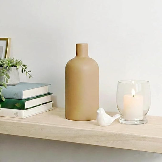 Neutral Boho Ceramic Brown Decorative Vase, Modern Matte Minimalist Vases for Shelf, Coffee Table, Living Room & Fireplace Mantel Decor