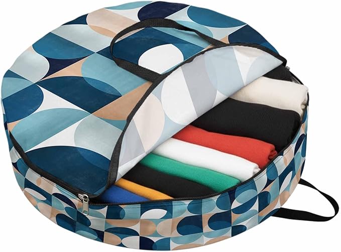 Storage Bag Mid Century Geometric Round Storage Totes Bins Closet Organizers with Zippers & Handle Abstract Modern Blue Clothes Storage Container for Bedroom Dorm Space Saving Packing Supplies Bags