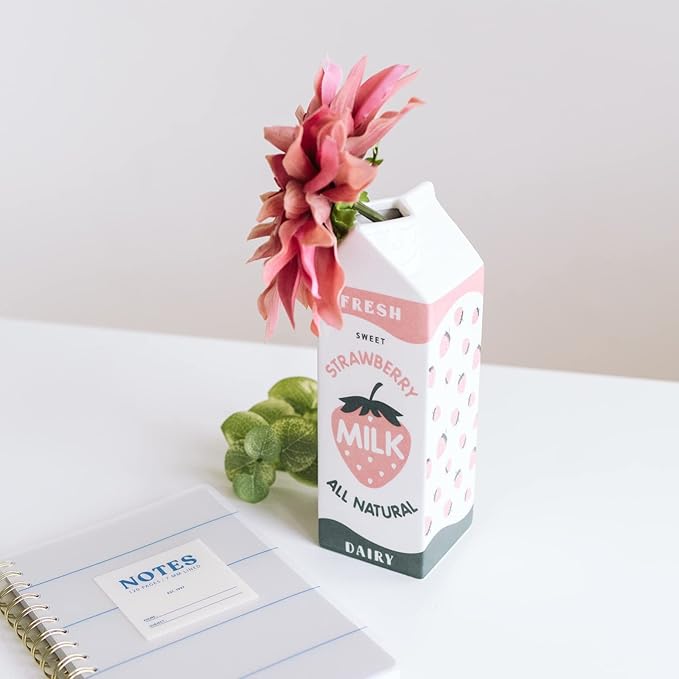 Retro Strawberry Milk Carton vase –Vintage Inspired Kawaii Ceramic -Pink Strawberry Flower vase -Cute Accent Decor for Your Home Kitchen Office