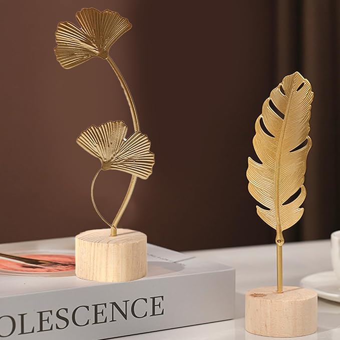 Two-Piece Luxury Nordic Metal Leaf Sculptures – Elegant Gold Ginkgo & Palm Leaf Art Décor, Modern Minimalist Metal Craft for Living Room, Entryway, Wine Cabinet, Home & Office Decoration