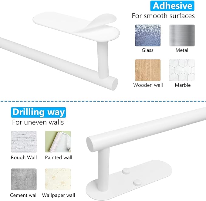 White Paper Towel Holder - Self Adhesive or Drilling, Under Cabinet Paper Towel Holder for Kitchen, Adhesive Paper Towel Roll Rack for Bathroom Towel, SUS304 Stainless Steel