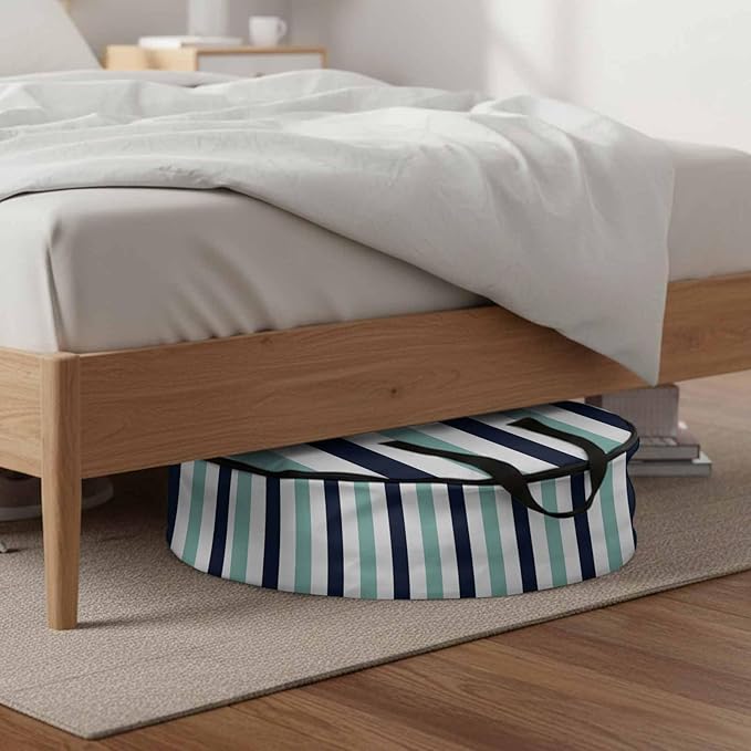 Storage Bag Navy Blue Teal Stripes Round Storage Totes Bins Closet Organizers with Zippers & Handle Contrast Striped Clothes Storage Container for Bedroom Dorm Space Saving Packing Supplies Bags