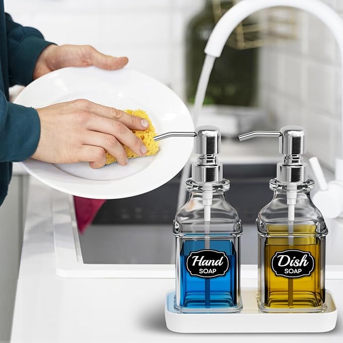 LMQML Soap Dispenser - 2 Pack, Antique Design Thick Glass Hand Soap Dispensers with Sturdy Tray; 304 Rust Proof Stainless Steel Silver Pump, 12Pcs Stickers, for Kitchen, Bathroom