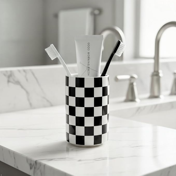 Tooth brush Holder for Bathroom, Black and White Ceramic Toothbrush Holders for Bathrooms, Modern Cute Toothbrushes and Toothpaste Caddy for Bath Countertop Storage Organizer, Checkered Bathroom Decor