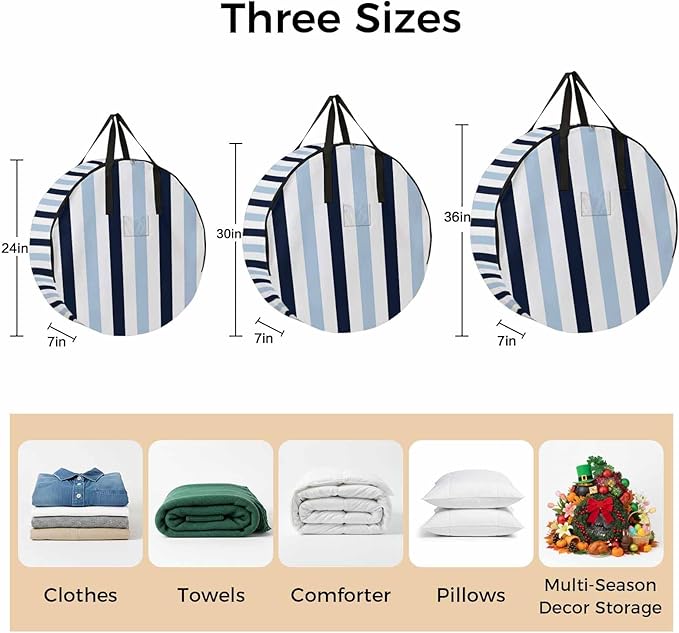 Storage Bag Navy Blue Stripes Round Storage Totes Bins Closet Organizers with Zippers & Handle Contrast Striped Clothes Storage Container for Bedroom Dorm Space Saving Packing Supplies Moving Bags