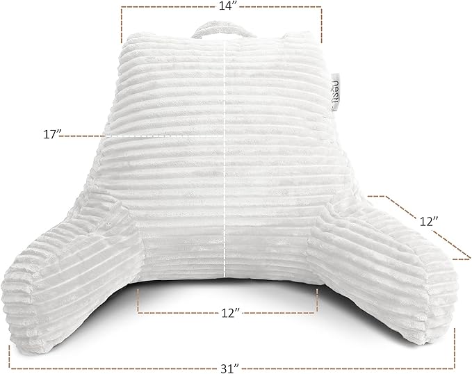 Nestl White Reading Pillow with Bed Desk for Laptop and Writing, Luxe Cut Plush Back Pillow for Sitting Up, Back and Arms Adjustable Support for Adult and Teens, Foldable Lap Desk for Bed 22x14”