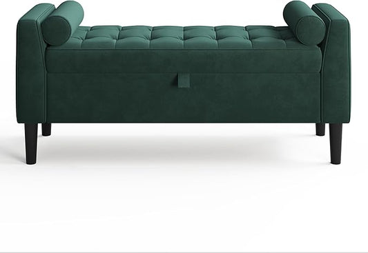 46.5" Storage Ottoman Bench – Upholstered End-of-Bed Storage Chest with Rolled Armrests & Wood Legs, Entryway Shoe Bench and Footrest Seat for Hallway, Bedroom & Living Room & Walk-in Closet (Green)