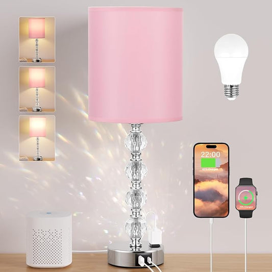 Acaxin Touch Bedside Crystal Lamps for Bedrooms Nightstand with USB C+A Charging Port and AC Outlet White, 3 Way Dimmable Silver Large End Side Table Lamp for Living/Guest/Dinning Room/Kitchen