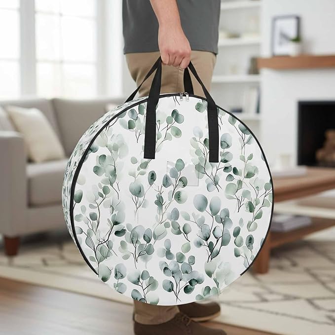 Spring Sage Round Storage Bag 30 Inch, Green Eucalyptus Plant Leaf Clothes Storage Container with Handles Heavy Duty Organizer for Comforter, Bedding & Holiday Wreaths