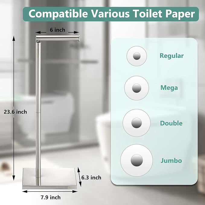 Toilet Paper Holder Stand, Free Standing Toilet Paper Holder with 4 Rolls for Bathroom, Weighted Base Toilet Paper Stand, Chrome