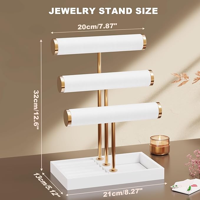 Abiglifty 3 Tier Necklace Holder Display, Jewelry Organizer, Jewelry Stand, Bracelet Display, Necklace Organizer, Bracelet holder, Jewelry Display for Necklace, Watches, Rings, white