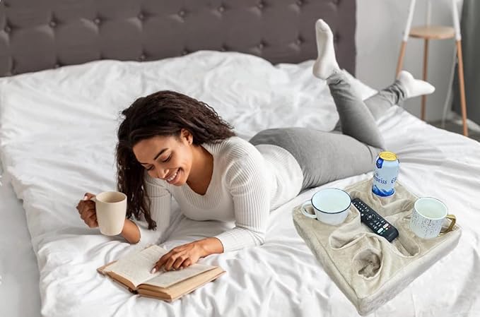 Couch and Bed Cup Holder Pillow, Sofa Refreshment Tray for Drinks/Remote Control/Snacks Holder (Beige)