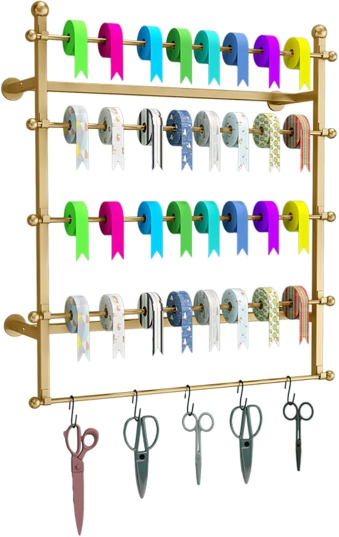 Wall Mounted Ribbon Storage Holder with 5 Hooks, Hang Necktie Display Stand Organizer Shelf for Flower Shop Cake Shop, 5 Tier Metal Wrapping Paper Rack ( Color : Gold , Size : Lxh-70x80cm/27.6x31.5in