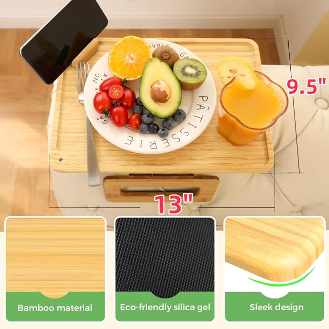 Smatdecis Couch Arm Tray Table Sofa Arm Clip, Armrest Tray Table Suitable for Home Drinks/Fast Food/Fruit Etc, Large Size Multi-Function Natural(360° Rotating Stand A)