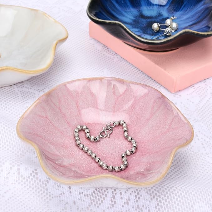 Ceramic Jewelry Dish, Lotus Leaf Decor Ring Tray, Small Key Bowl, Trinket Holder, Catch All Tray for Necklace Earrings, Nightstand Decor for entryway Table Home for Women Mom Friend Sister (Pink)