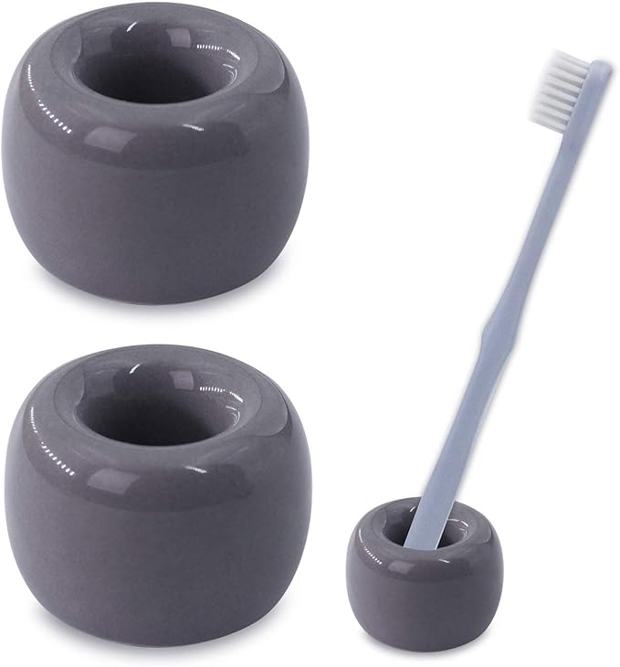 AirMoon Mini Ceramic Toothbrush Holder for Bathroom - Grey Small Countertop Organizer, Easy Clean Toothbrush Stand, Suit for Electric Toothbrush Head, Pens & Coffee Spoon, Pack of 2