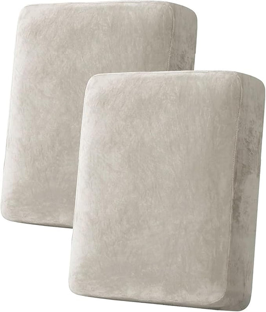 H.VERSAILTEX Velvet Stretch Couch Cushion Cover Plush Cushion Slipcover for Loveseat Cushion Furniture Protector Seat Cushion Sofa Cover (2 Piece Medium Sofa Cushion Covers, Oatmeal)