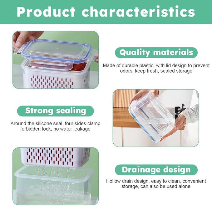 2 Pcs Fruit Storage Containers for Fridge,with Removable Colanders and Lid Food Storage Containers Fruit Washing Bowl for Salad Vegetables Meat Keeper Fresh(COLOR:Clear White)