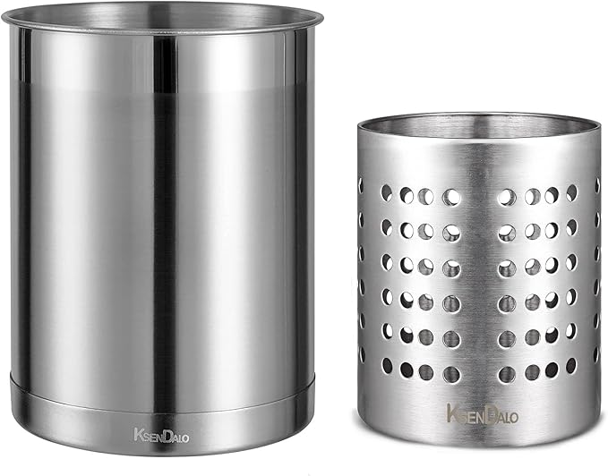 KSENDALO Stainless Steel Utensil Holder for Counter(2Pack), Brushed Silver Drying Metal Utensil Crock Canister for Cooking Utensils on Countertop, with Heavy Base, Dishwasher Safe, Silver
