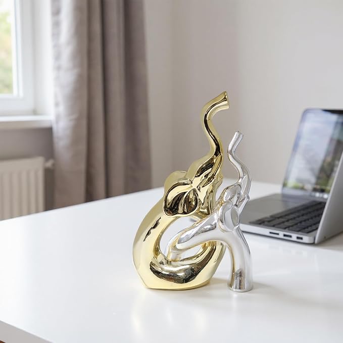 Zerzsy Loving Pair of Small Gold & Silver Elephants Statues, Modern Ceramic Sculptures Home Decor, Figurine Decorative Ornaments for Bedroom, Office Desktop, Shelf-Set of 2