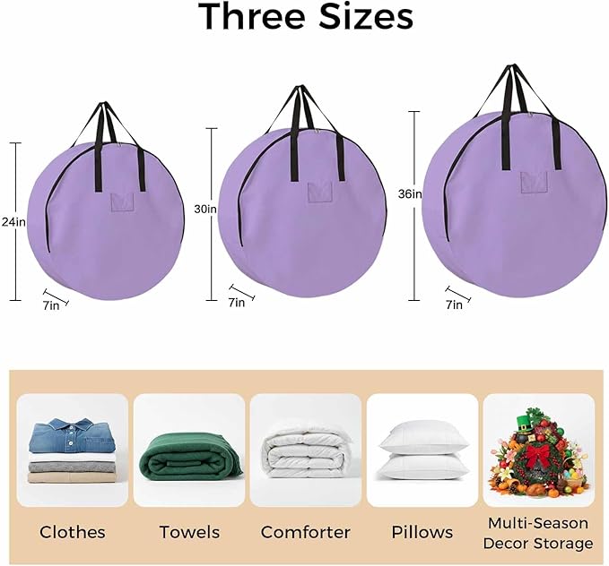 24 Inch Round Storage Bag 1 Pack,Purple Watercolor Solid Color Waterproof Wreath Storage Container with Handles&Zipper Minimalist Style Closet Organizer Bags Garland Box