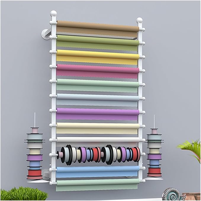 Ribbon Storage Organizer Rack, Wall Mounted Wrapping Paper Organizer, Metal Ribbon Storage for Craft Room Flower Shop Wrapping Paper,Gold 39.3X7.8X47In,White-27.5x7.8x47in