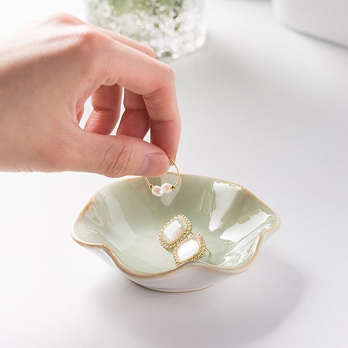 Binoster 2 Pcs Ceramic Jewelry Dish, Jewelry Tray Key Tray,Small Ring Dish Holder Jewelry Plate Trinket Dish Catchall Tray Nightstand Decor For Table Room Decor SM (4.3 In, White,Green)