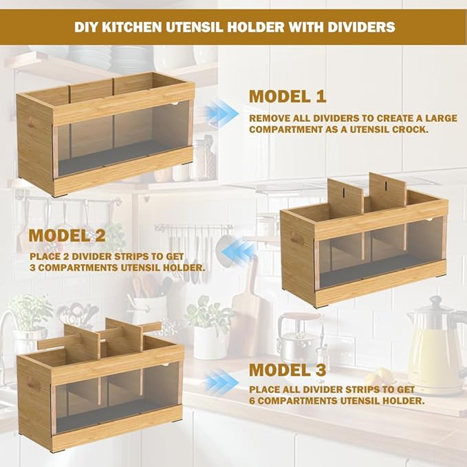Utensil Holder for Kitchen Counter,Large Utensil Holder with Absorbing Drying Stone Mat,Bamboo Utensil Organizer with 6 Compartments,Silverware Caddy&Cooking Utensil Organizer for Kitchen Decor
