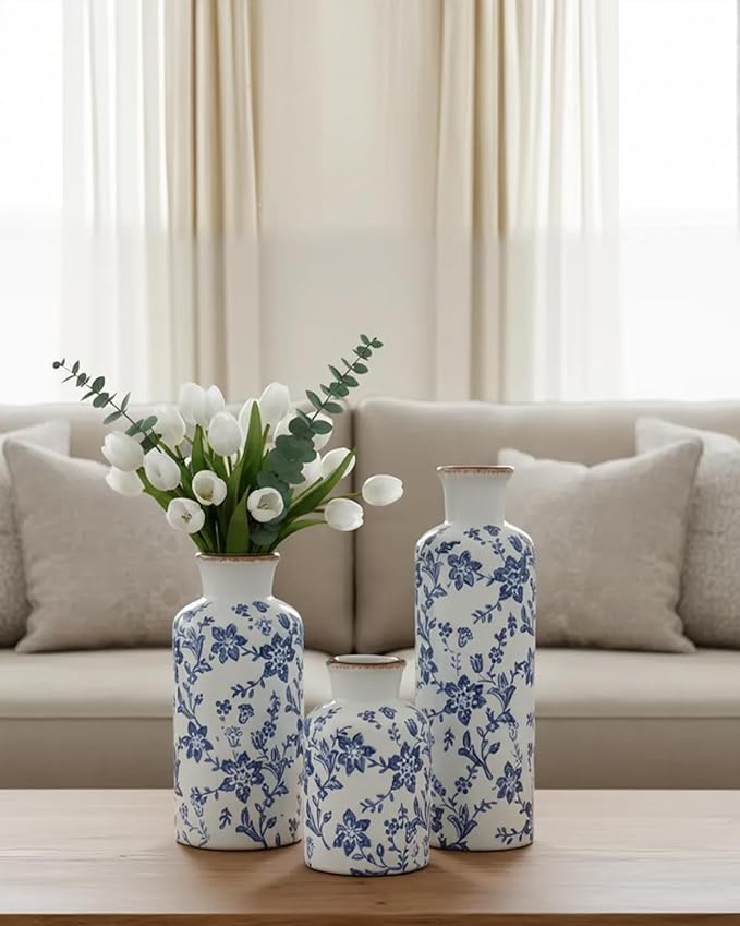 Ceramic Vase Set of 3, Vintage Ceramic Flower Vases, Crackle-Glaze & Distressed Rim, Blue Botanical Pattern, for Home Decor, Living Room Mantel & Dining Table Centerpiece