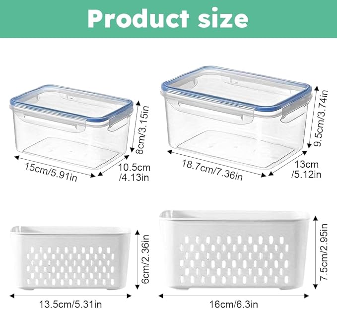 2 Pcs Fruit Storage Containers for Fridge,with Removable Colanders and Lid Food Storage Containers Fruit Washing Bowl for Salad Vegetables Meat Keeper Fresh(COLOR:Clear White)